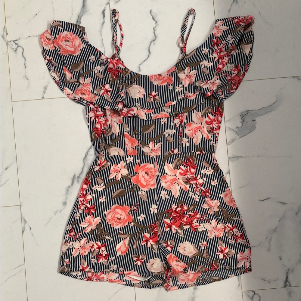 Floral Striped Ruffle Sleeve Women's Jumpsuit